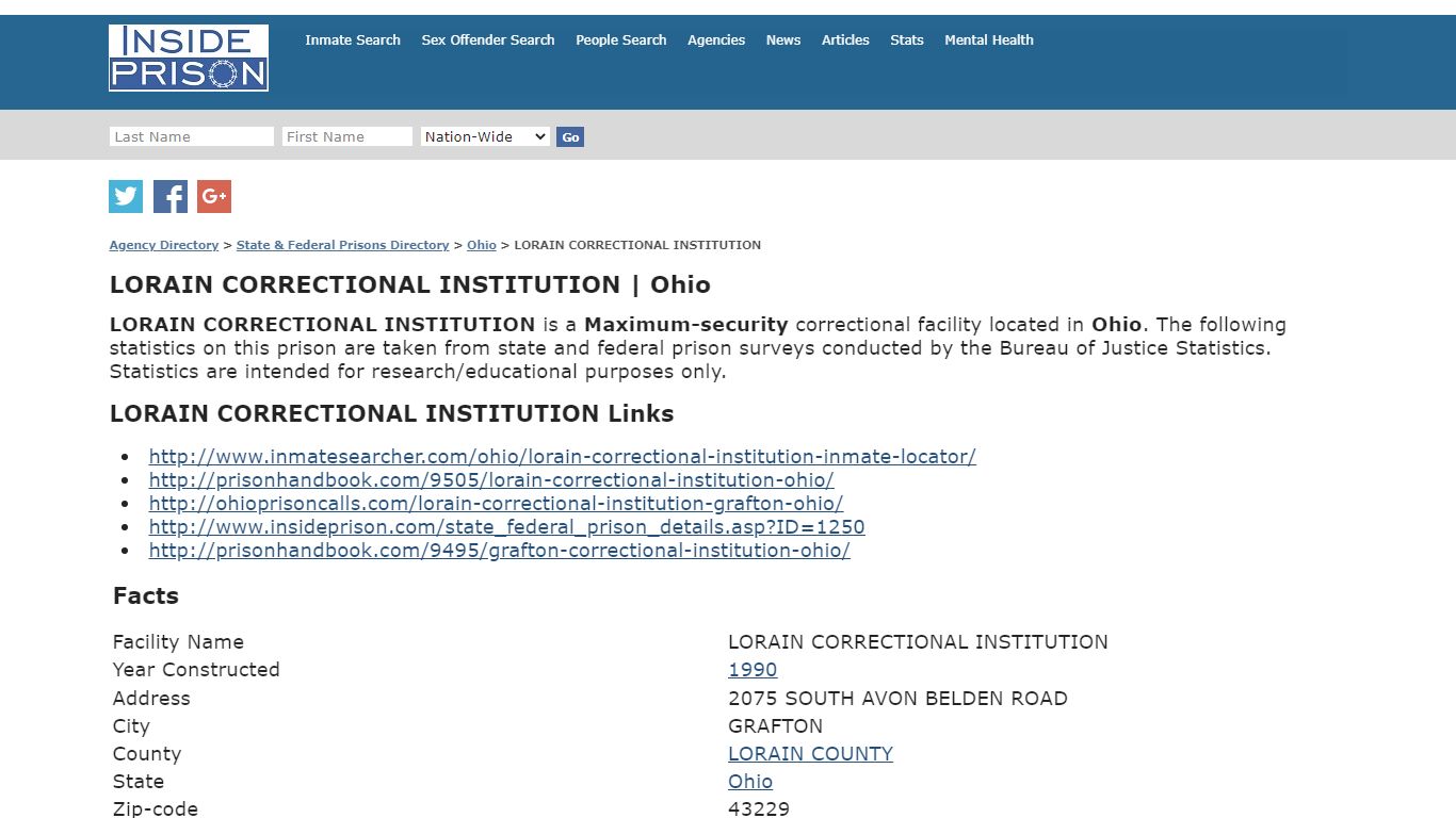 LORAIN CORRECTIONAL INSTITUTION, Ohio - Inmate Search